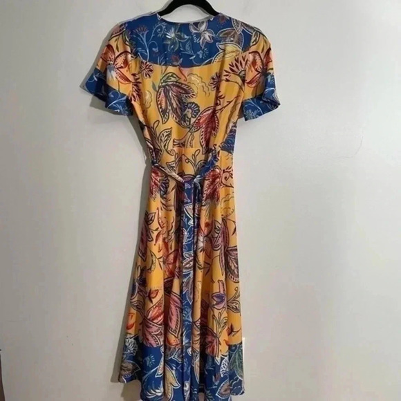 Lulus Atlantis Blue and Yellow Print Wrap Midi Dress XS - Picture 4 of 8